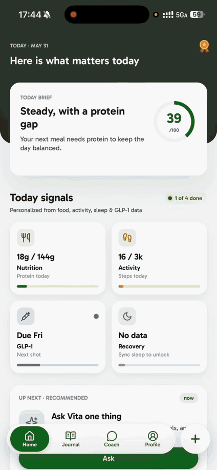 Vita AI app demo showing food tracking and nutrition guidance